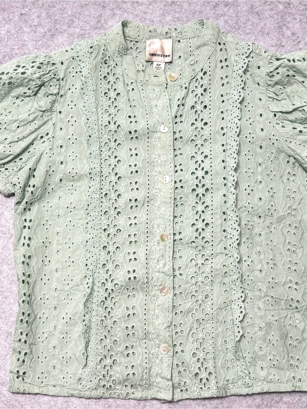 Industry Republic Sage Green Eyelet Puff Sleeve Cotton Blouse Size Small